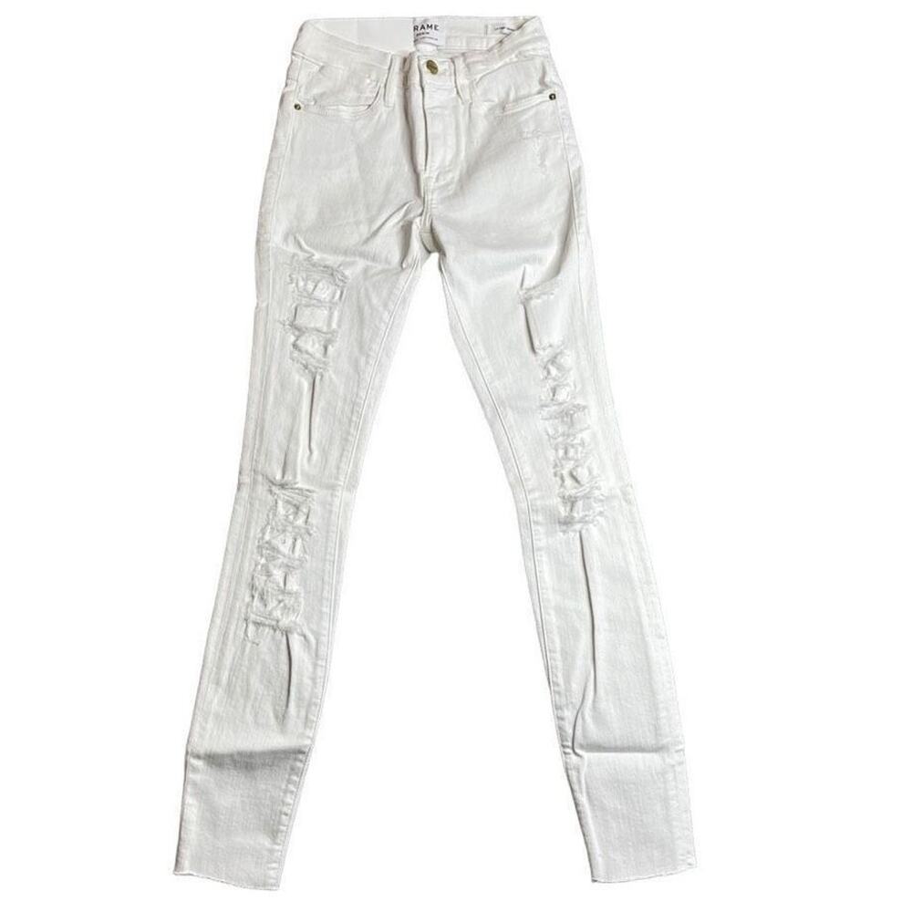 Frame Womens Lehigh Skinny Fit Distressed Frayed Hems White Jeans Size 24 New‎